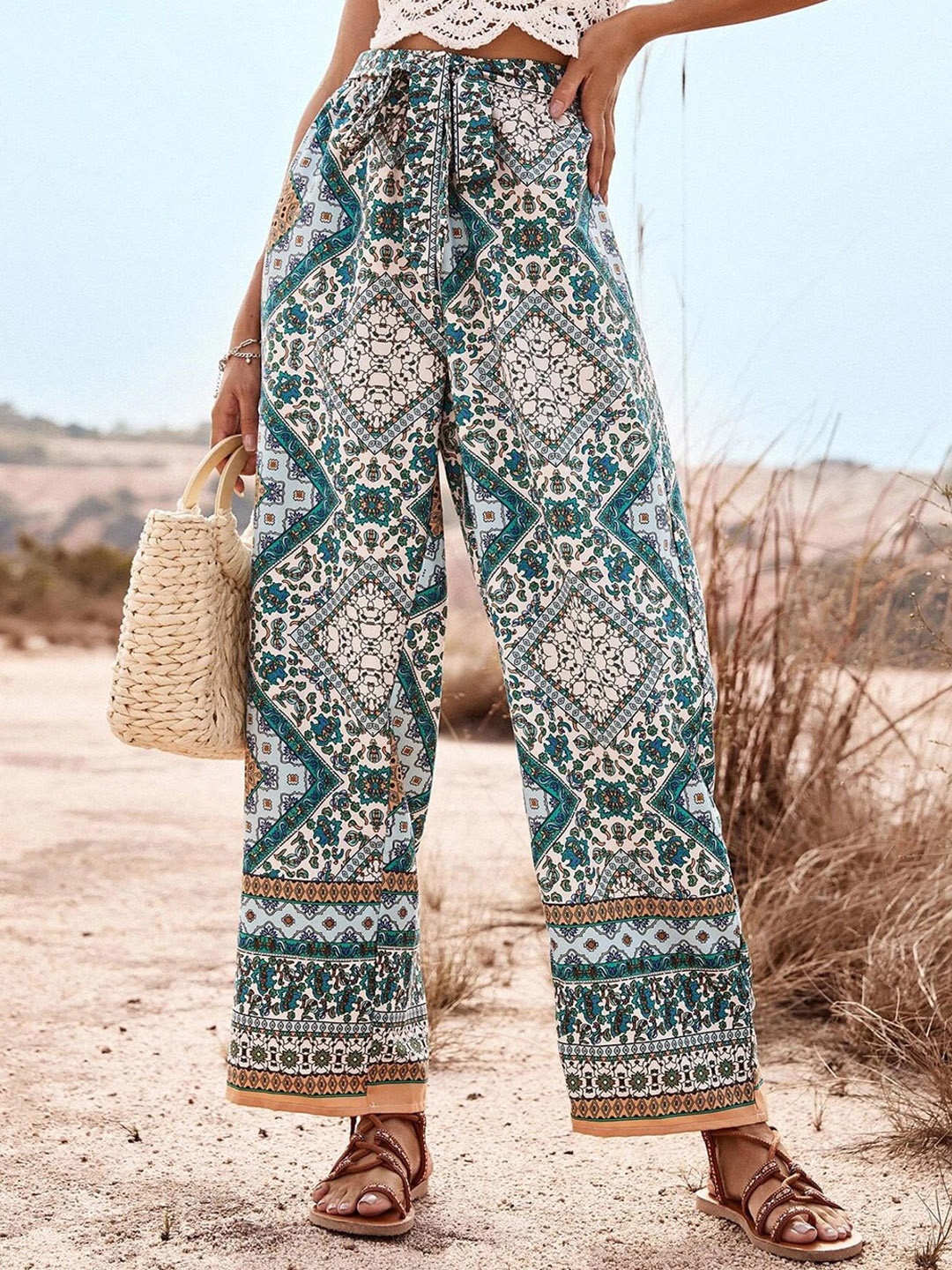

Kotty Women Multicoloured Ethnic Motifs Printed Relaxed High-Rise Easy Wash Trousers, Off white