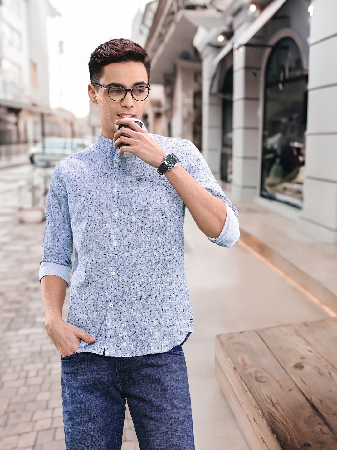 

THE BEAR HOUSE Men Blue Slim Fit Printed Linen Cotton Casual Shirt