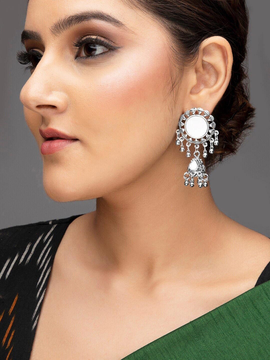 

Rubans Women Silver-Toned Classic Jhumkas With Studded Mirror Design Earrings