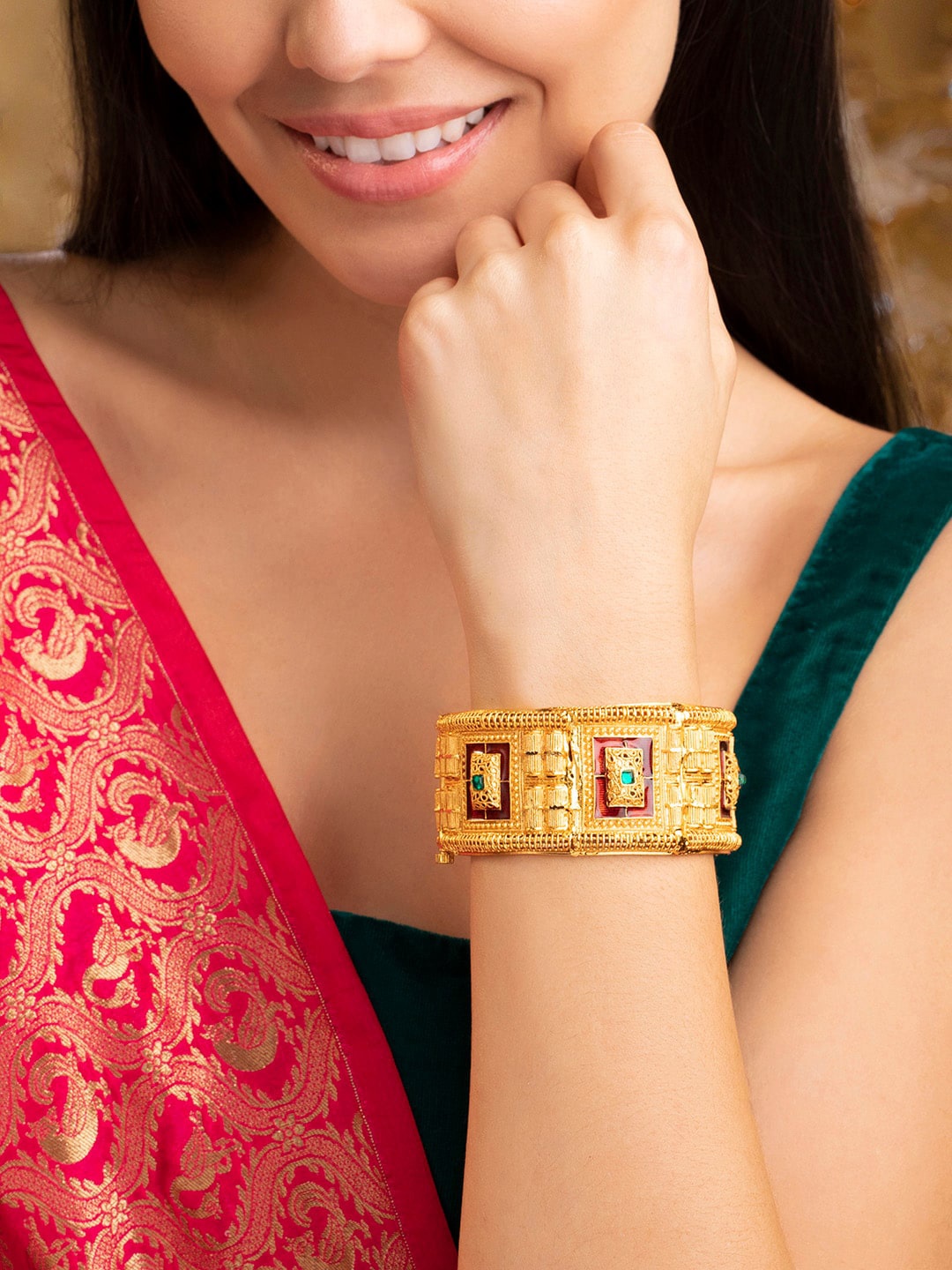 

Rubans 24K Gold-Plated Bangle Studded With Red Enamel & Green Stones