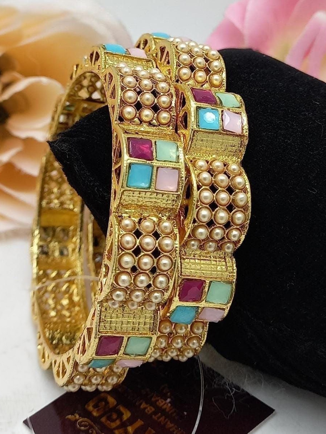 

GRIIHAM Set of 2 Gold-Plated Multi-Colored Artificial Stone bangles