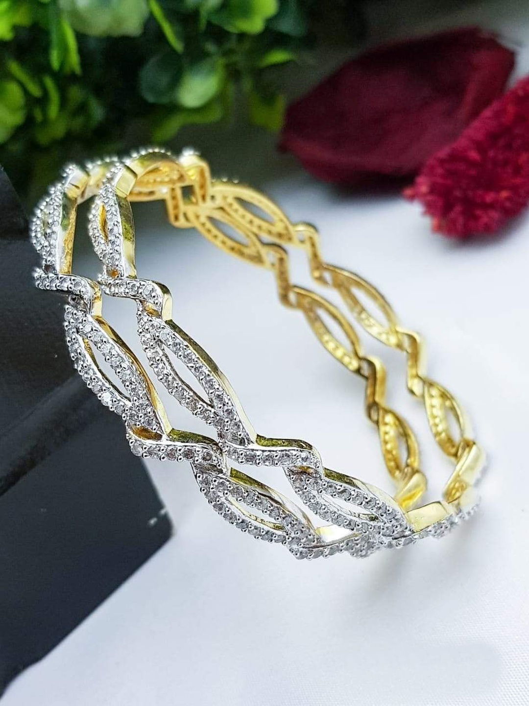 

GRIIHAM Set of 2 Gold-Plated White Cubic Zirconia Studded Bangles