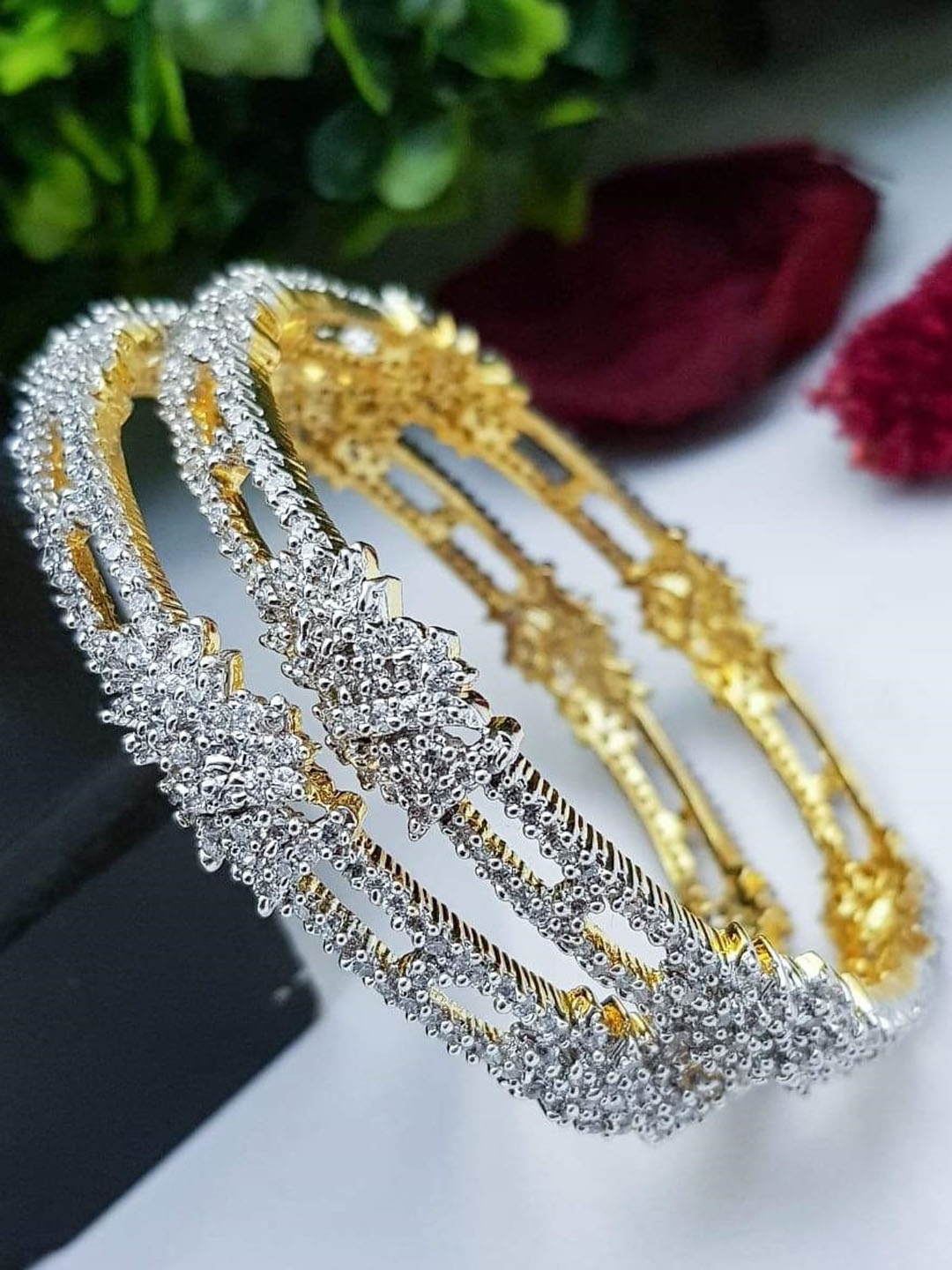 

GRIIHAM Set Of 2 Silver & Gold-Plated AD-Studded Bangles