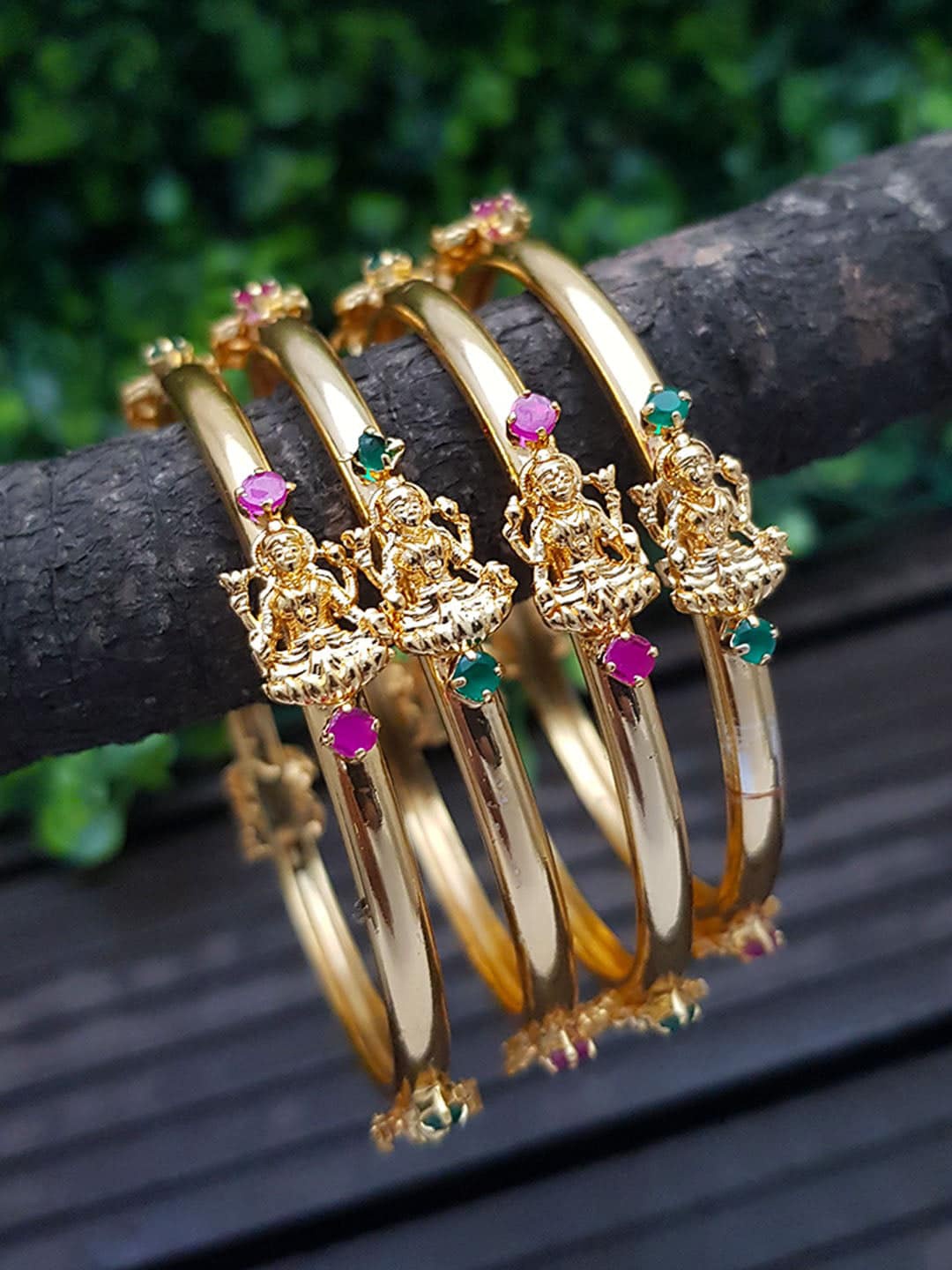 

GRIIHAM Set Of 4 Gold-Plated Pink & Green AD-Studded Bangles