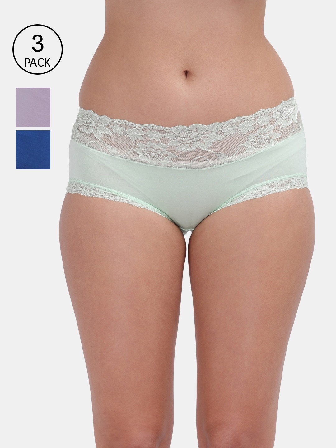 

Amour Secret Women Pack Of 3 Blue Solid Lace Hipster Briefs P669_Grn_Muv_Rblu-Green-Mauve