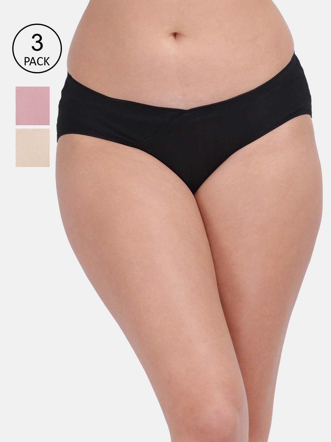 

Amour Secret Women Pack Of 3 Black Cream & Peach Anti-Bacterial Seamless Hipster Briefs