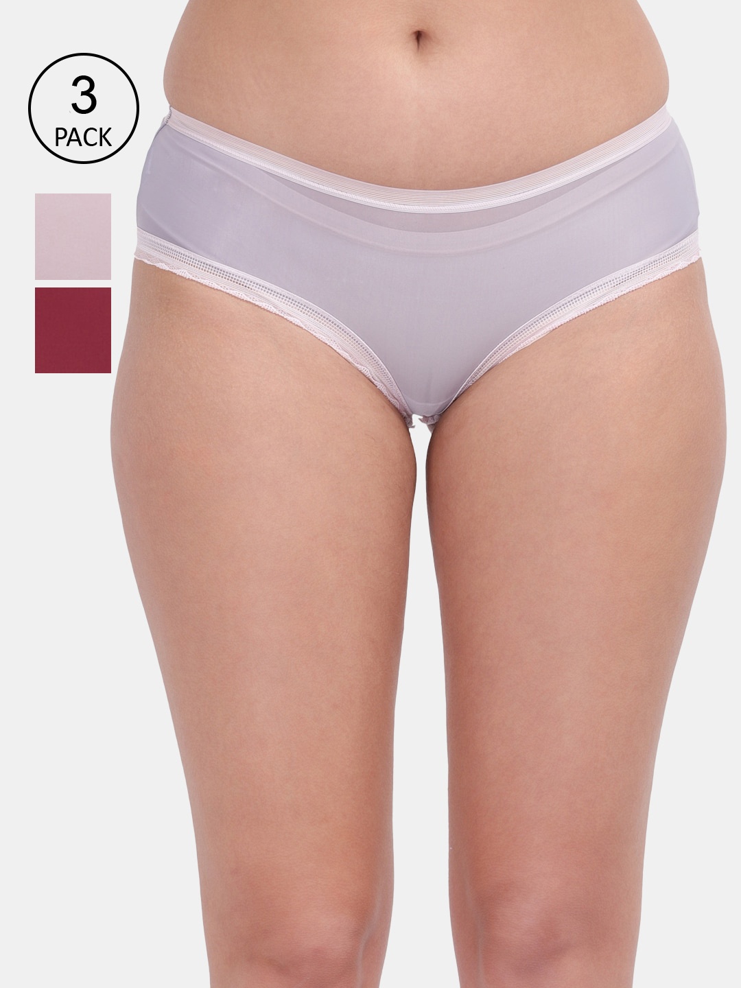 

Amour Secret Women Maroon & Grey Pack Of 3 Solid Hipster Seamless Briefs