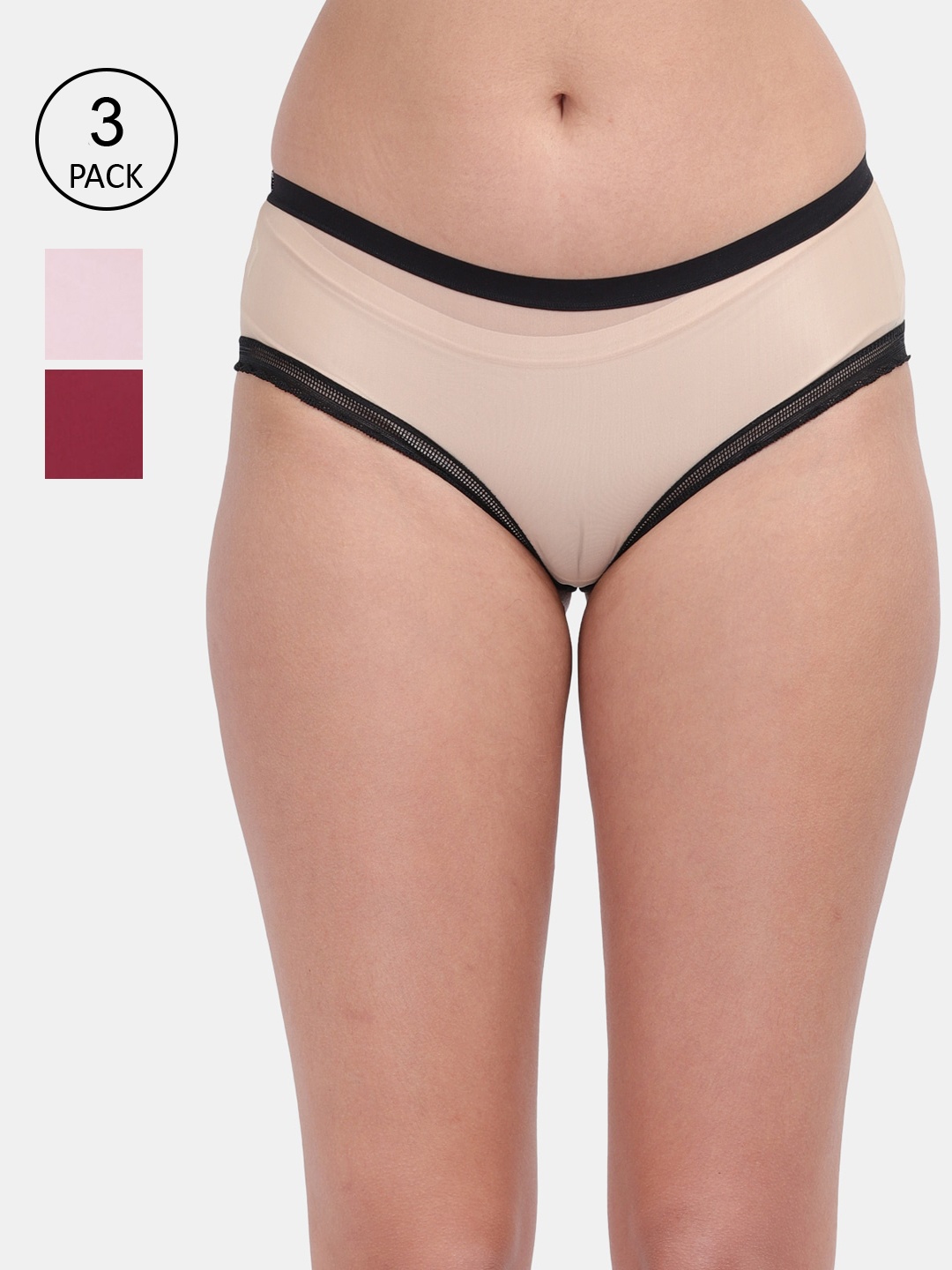 

Amour Secret Women Pack Of 3 Beige Maroon & Pink Solid Hipster Briefs