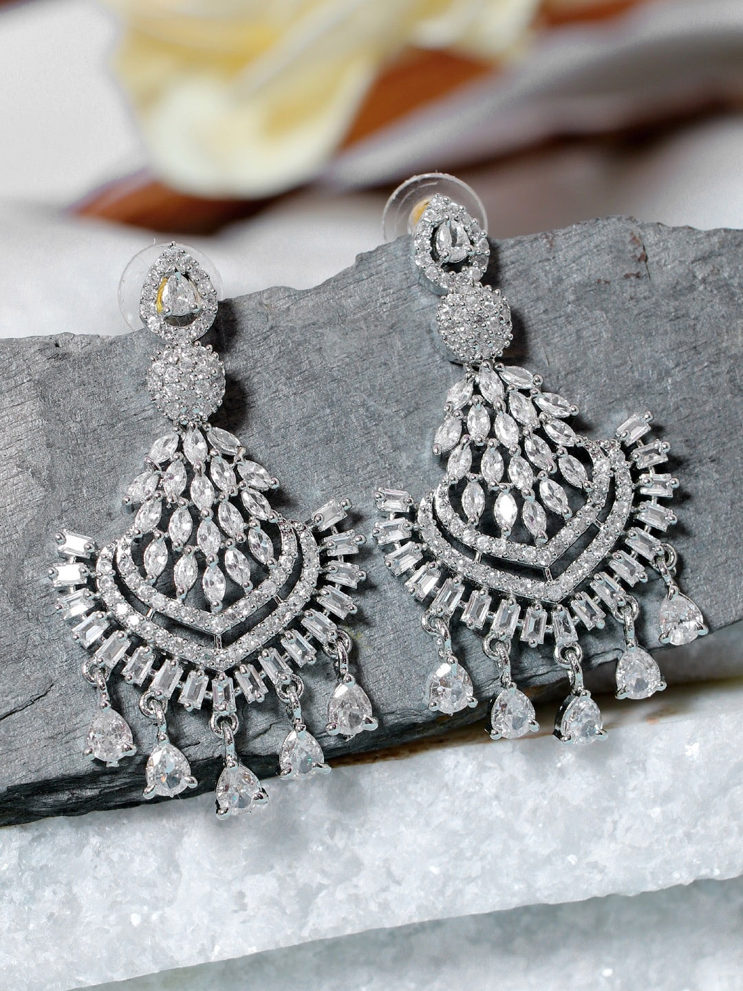 

SwaDev Silver-Toned Contemporary Chandbalis Earrings