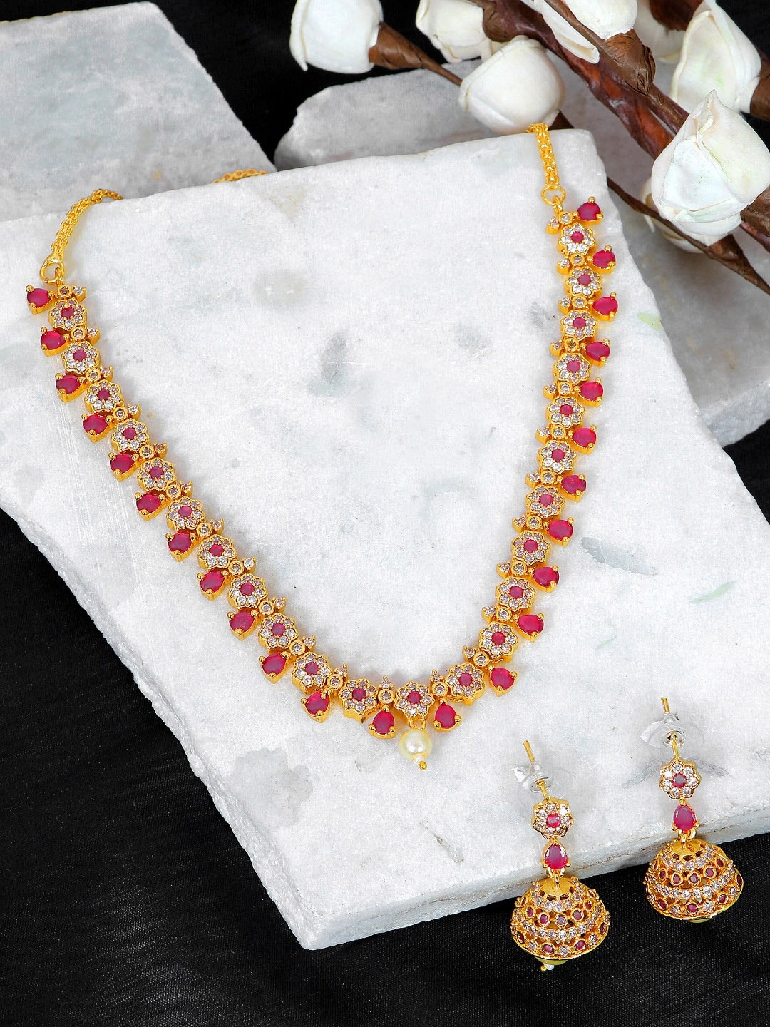 

SwaDev Gold-Plated Pink & White AD-Studded Jewellery Set