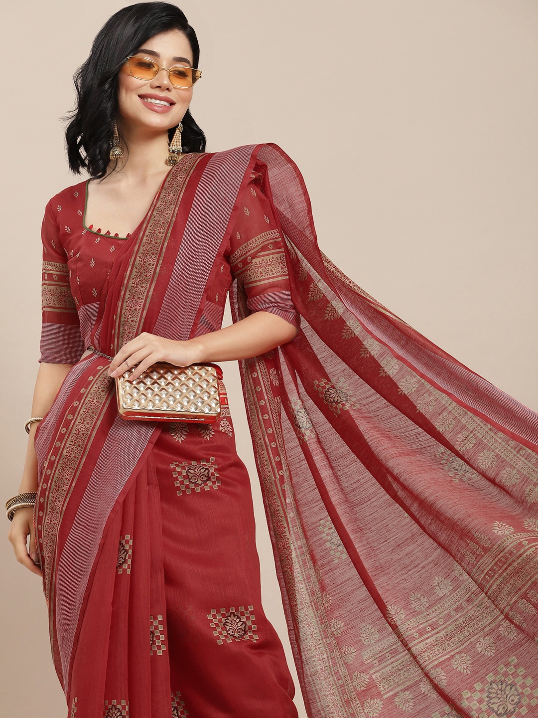 

RAJGRANTH Red & Beige Ethnic Motifs Linen Cotton Saree