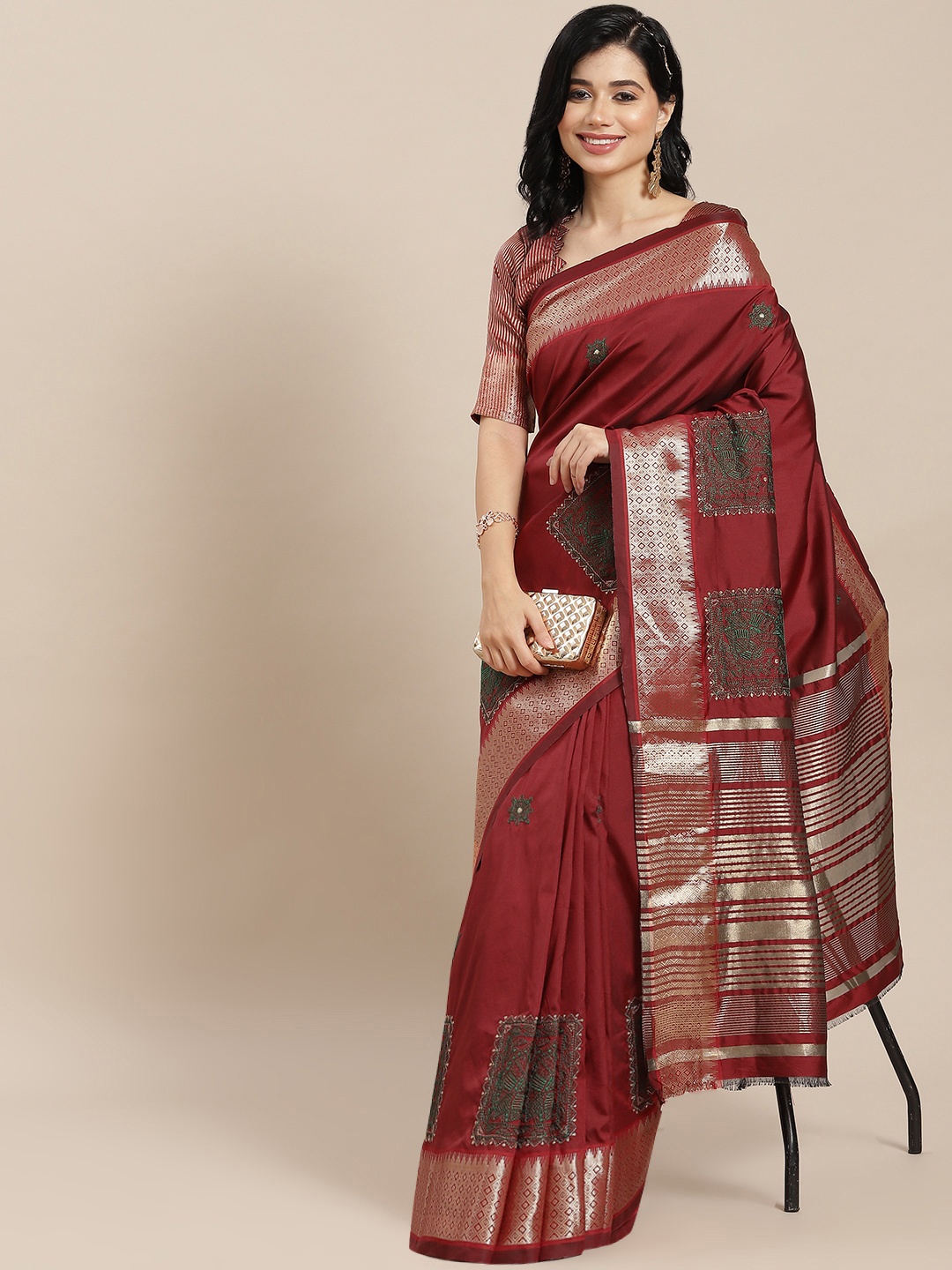 

RAJGRANTH Maroon & Golden Ethnic Motifs Embroidered Silk Cotton Saree