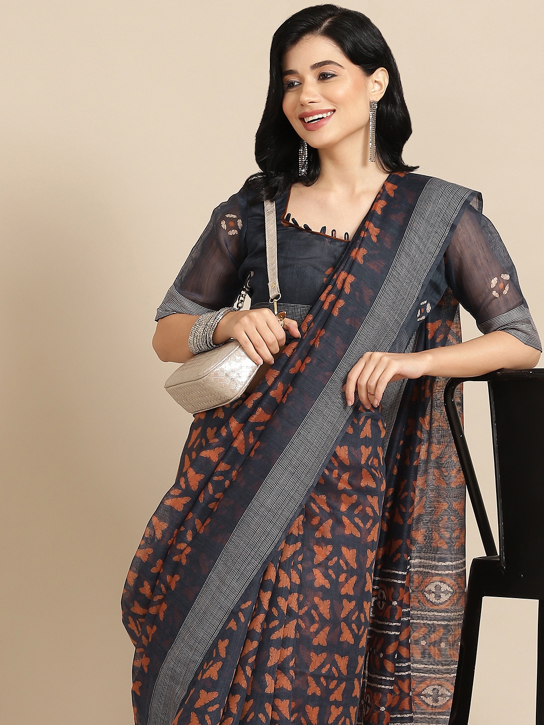 

RAJGRANTH Navy Blue & Orange Ethnic Motifs Linen Cotton Saree