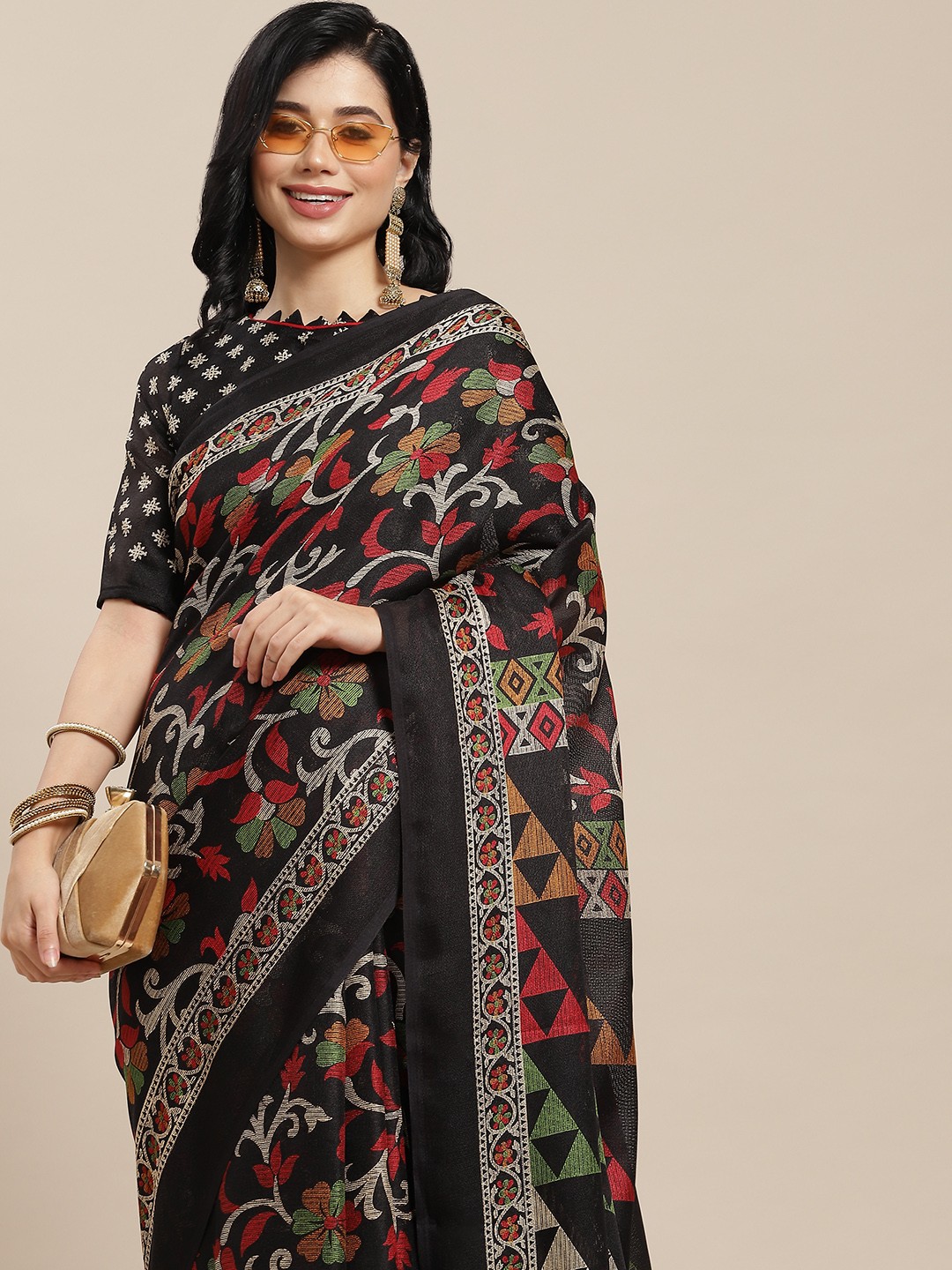 

RAJGRANTH Black & White Ethnic Motifs Jute Cotton Saree