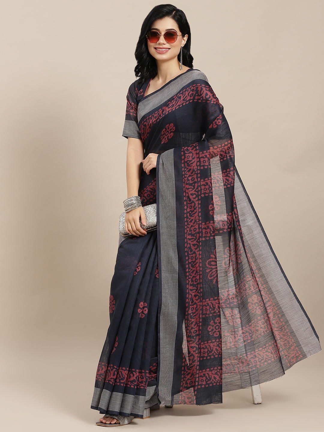 

RAJGRANTH Navy Blue & Maroon Ethnic Motifs Linen Cotton Saree