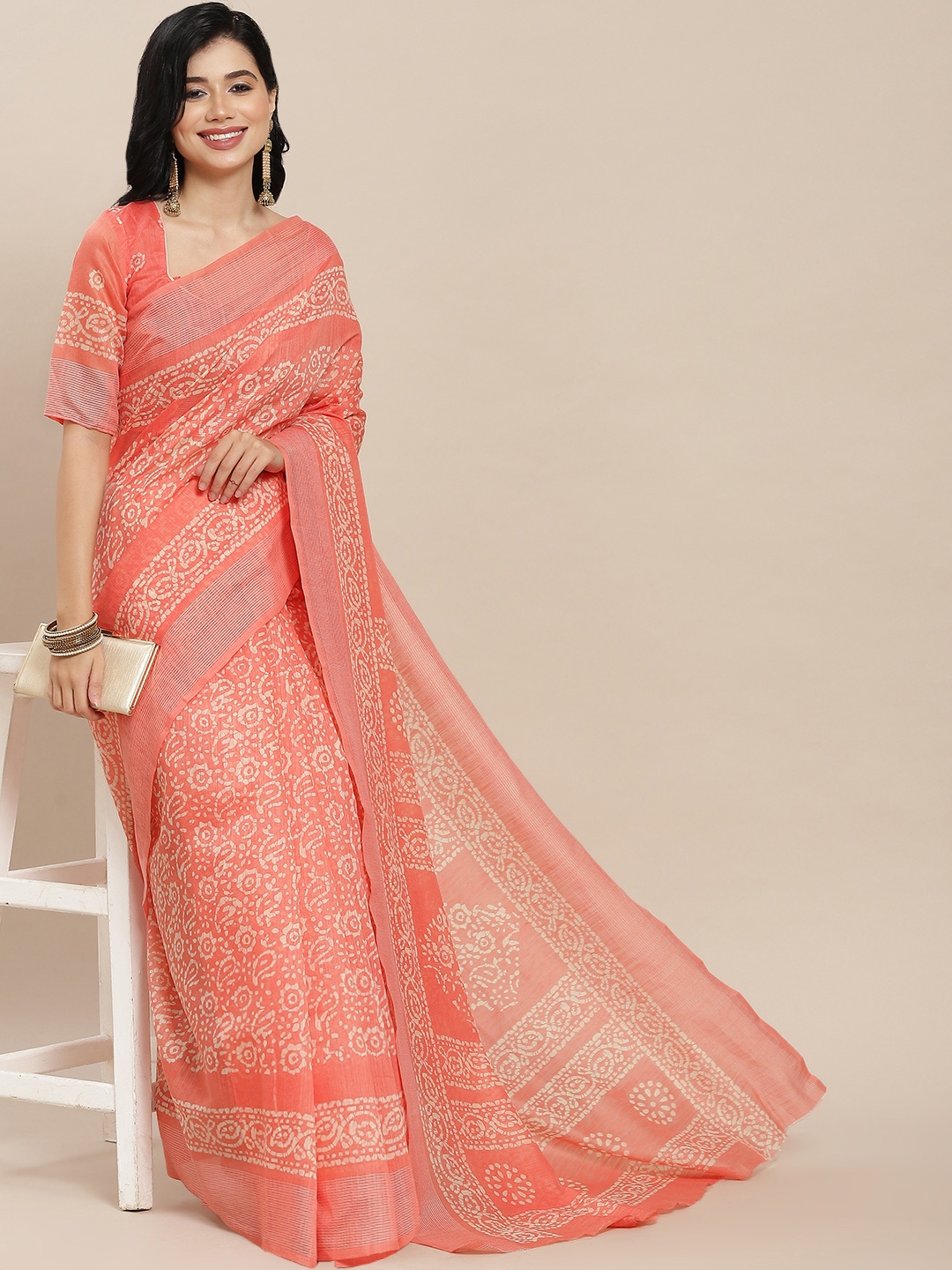 

RAJGRANTH Peach-Coloured & Off White Ethnic Motifs Linen Cotton Saree