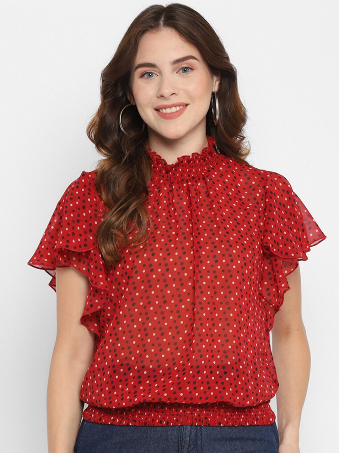 

Taurus Red Print Georgette Blouson Top