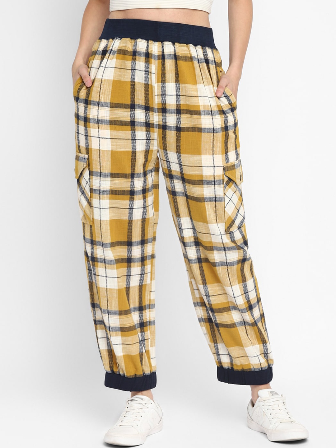 

Taurus Women Mustard Yellow Checked Joggers Checks Trousers