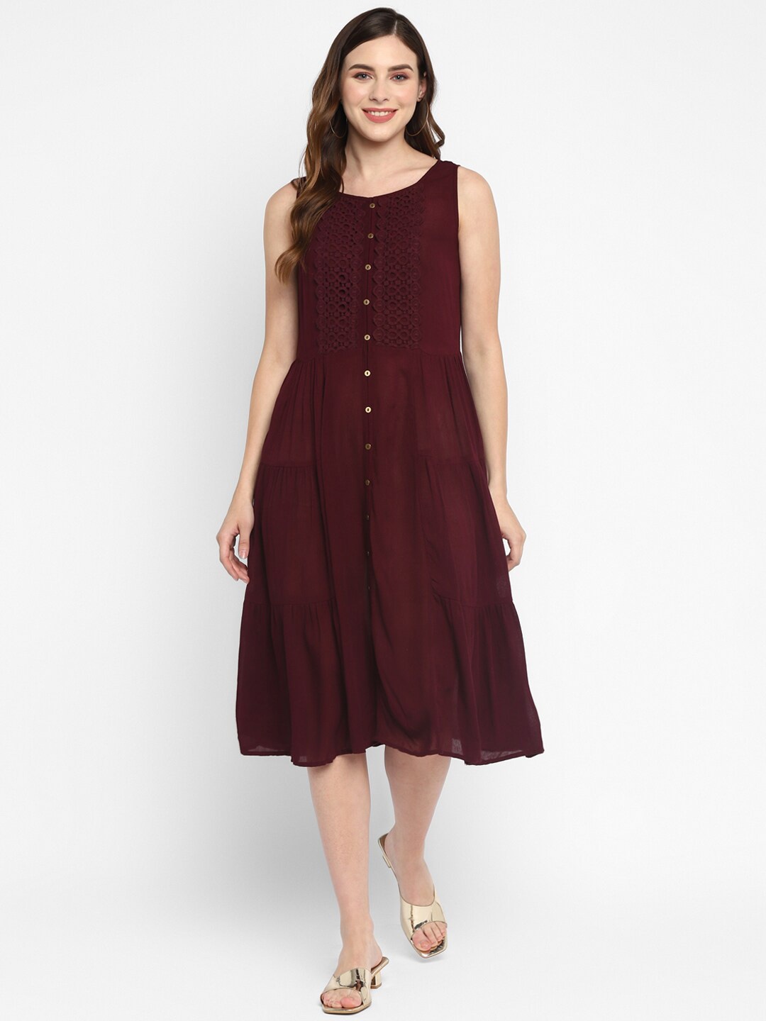 

Taurus Women Burgundy Crepe A-Line Midi Dress