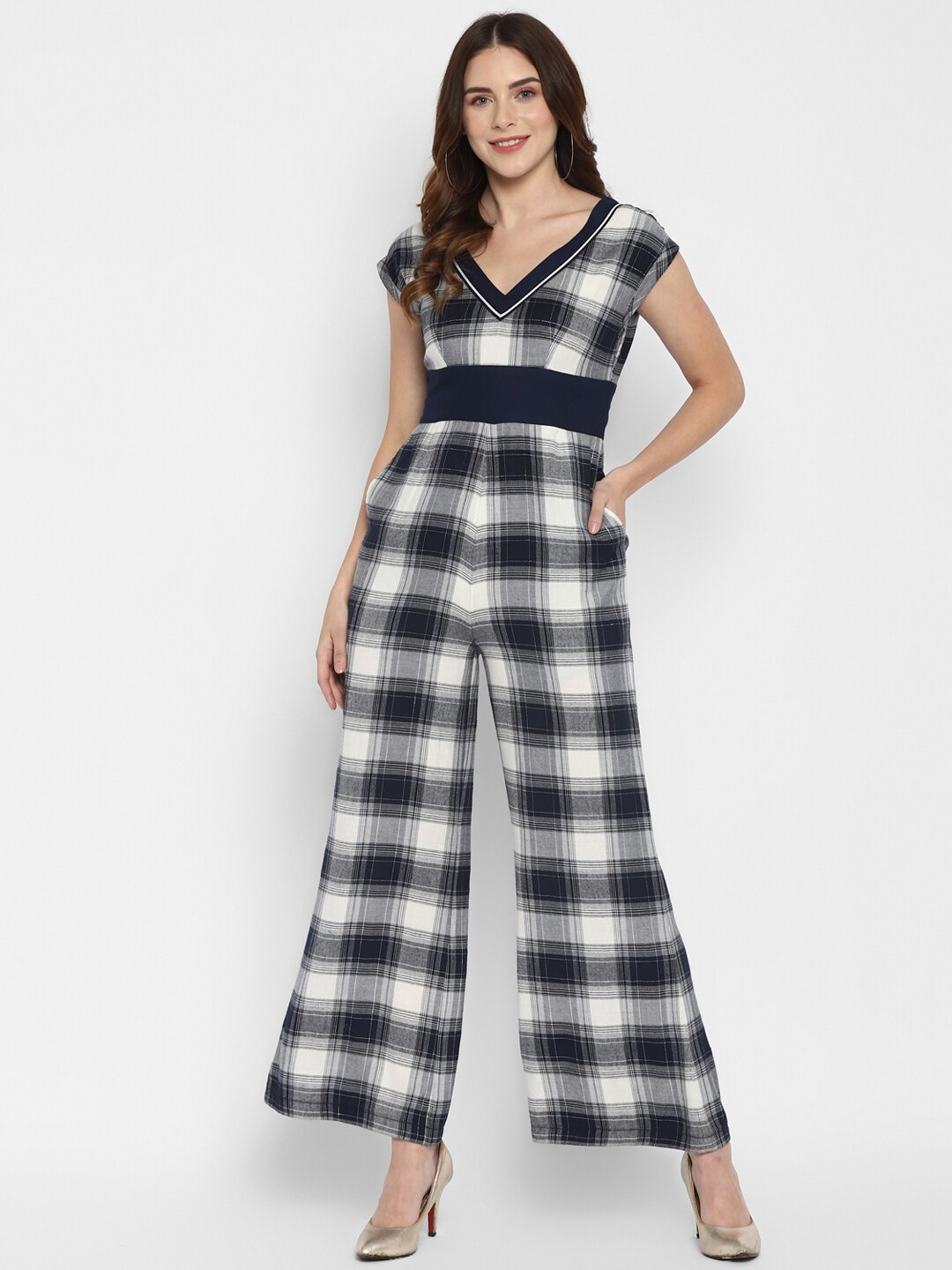 

Taurus White & Black Checked Cotton Basic Jumpsuit