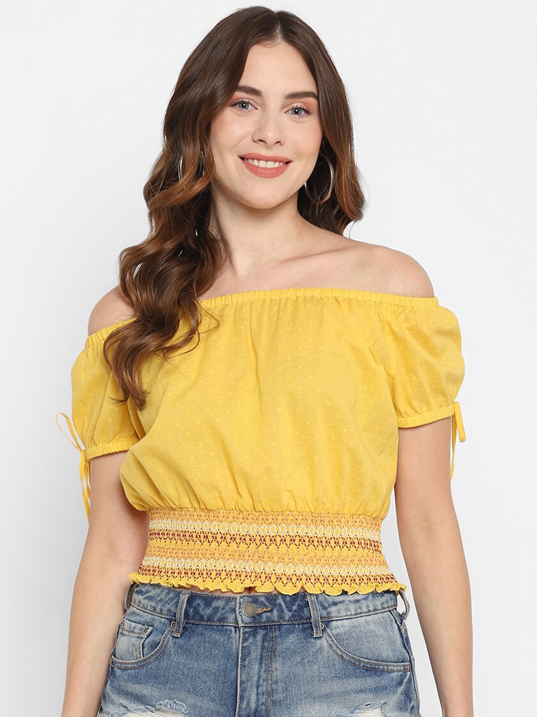 

Taurus Yellow Off-Shoulder Pure Cotton Bardot Crop Top