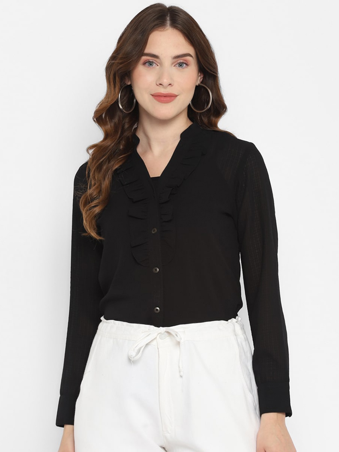 

Taurus Black Ruffles Georgette Shirt Style Top