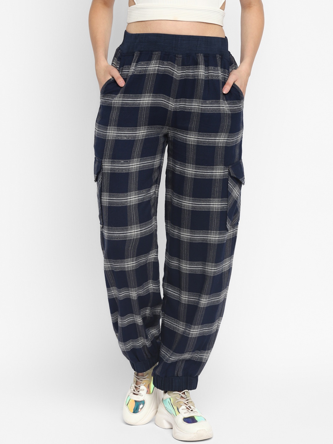 

Taurus Women Navy Blue Checked Pure Cotton Harem Pants