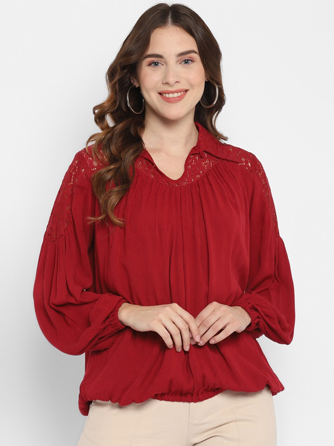 

Taurus Women Red Crepe Blouson Top