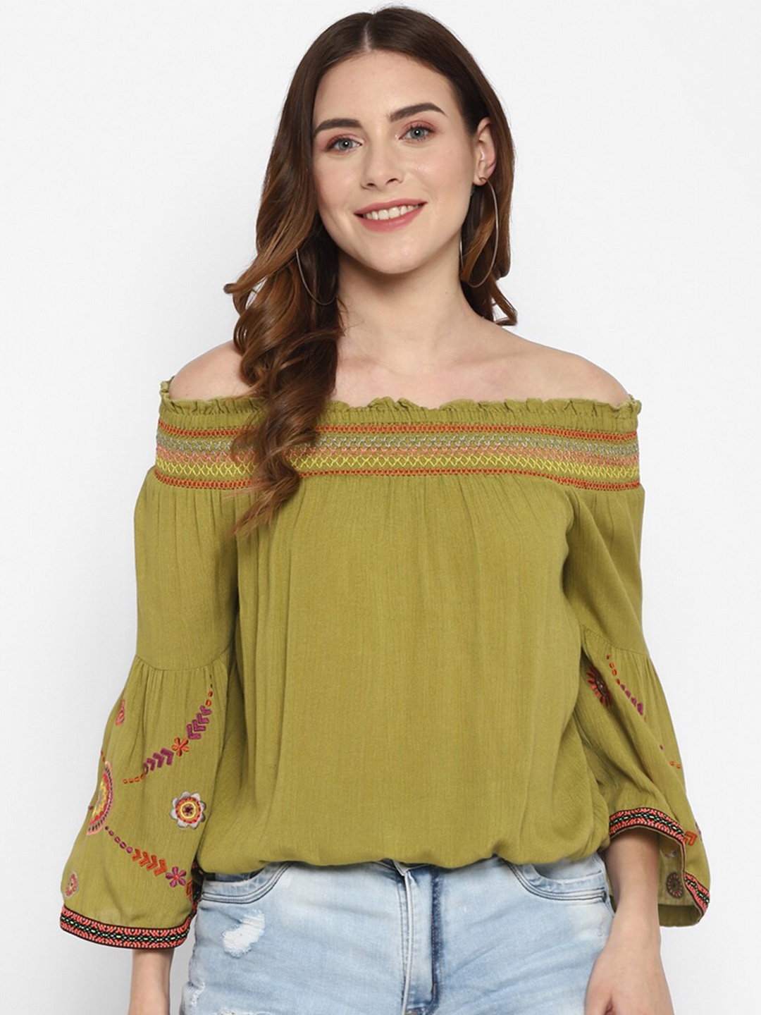 

Taurus Women Green Off-Shoulder Crepe Bardot Top