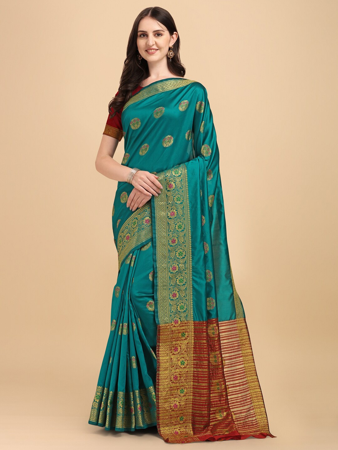 

BESUCHER Sea Green & Red Woven Design Zari Silk Cotton Banarasi Saree