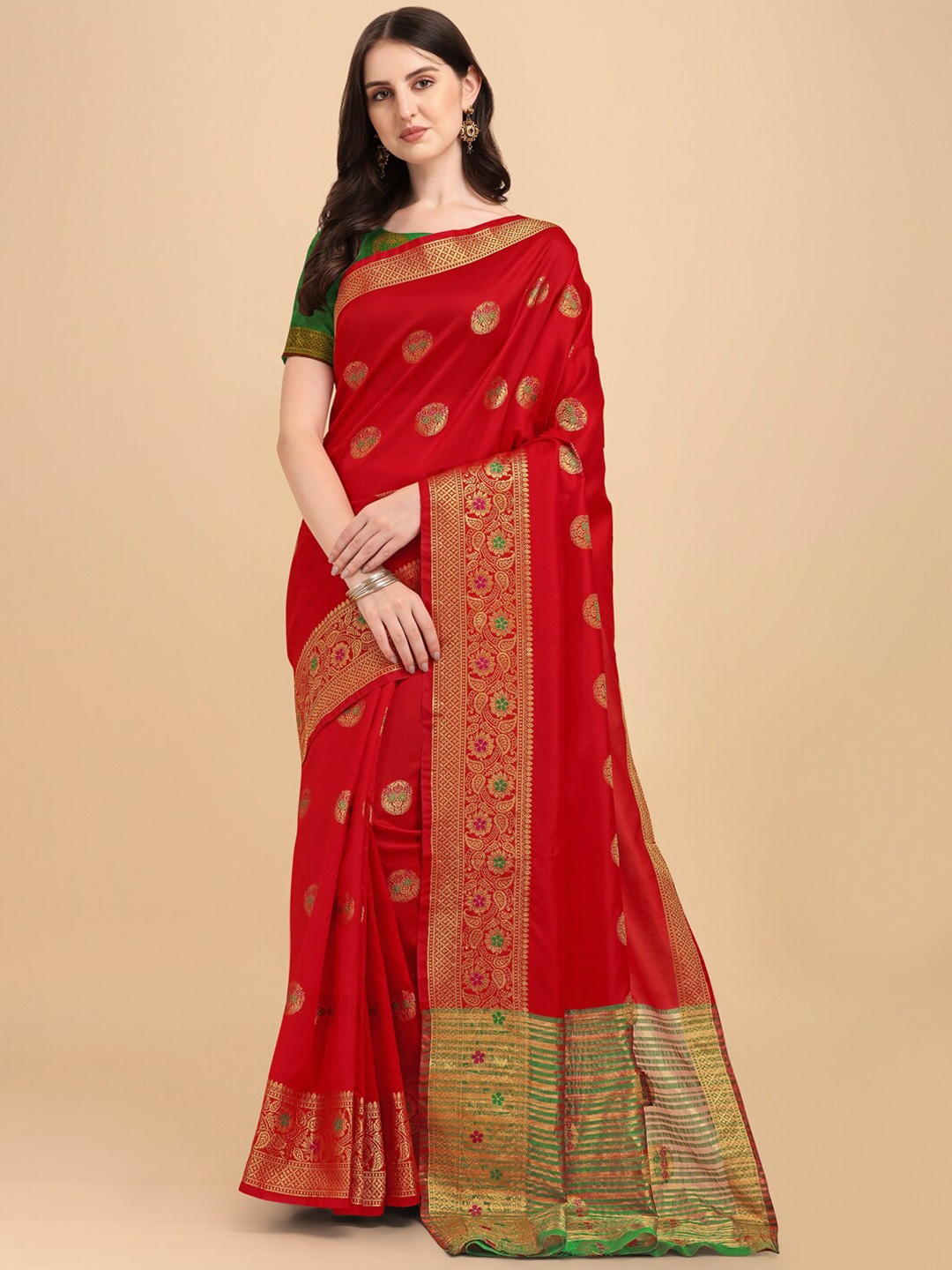 

BESUCHER Red & Green Woven Design Zari Silk Cotton Banarasi Saree