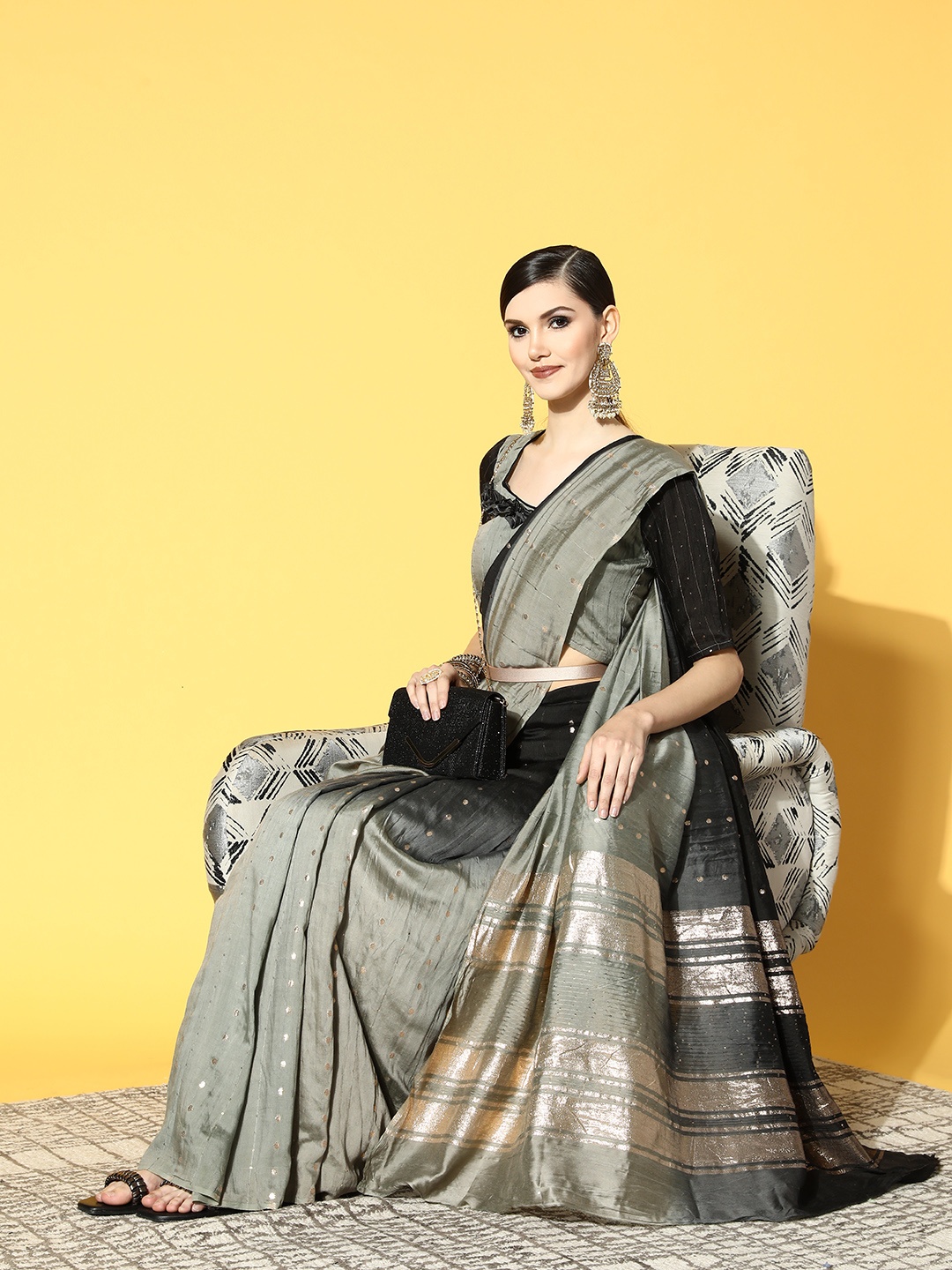 

Mitera Black & Grey Tie & Dye Sequinned Saree