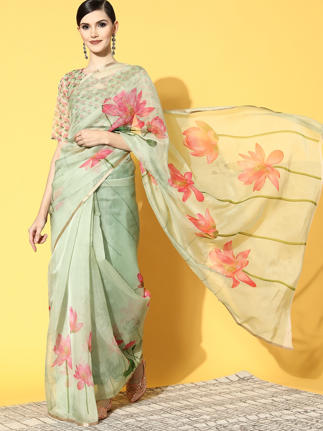 

Mitera Green Floral Print Organza Tussar Saree