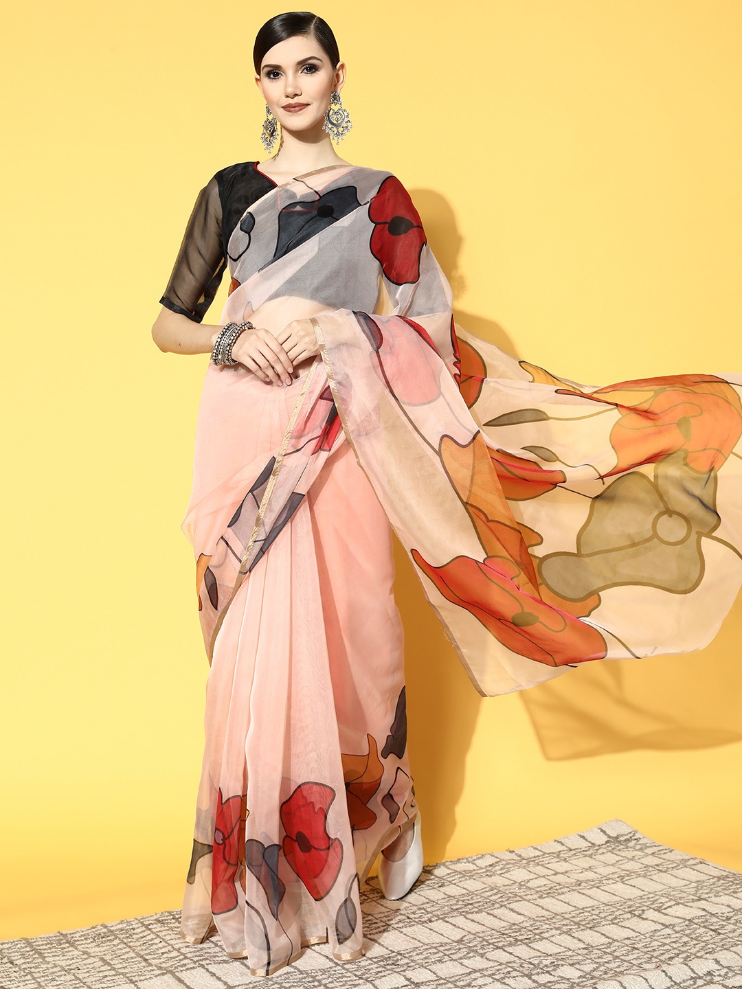 

Mitera Pink & Red Floral Print Organza Tussar Saree