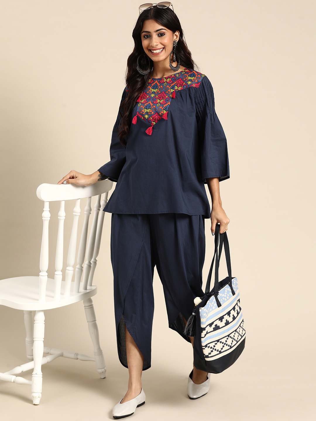 

Sangria Women Navy Blue Yoke Printed Cotton Top with Dhoti Pants