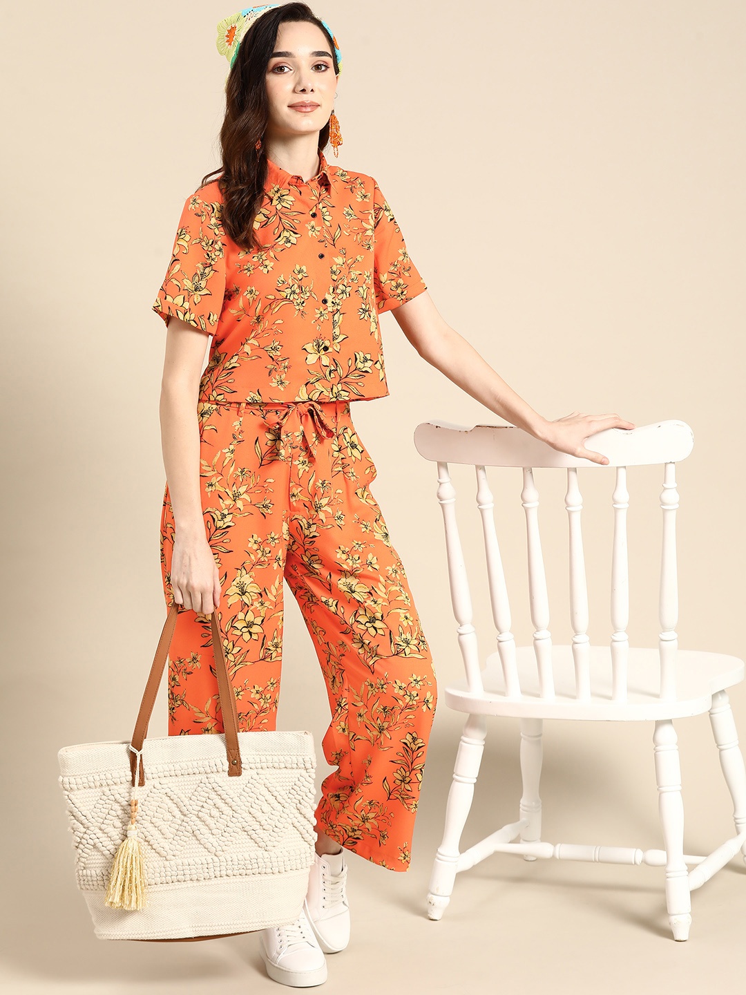 

Sangria Women Orange & Yellow Floral Printed Top with Trousers