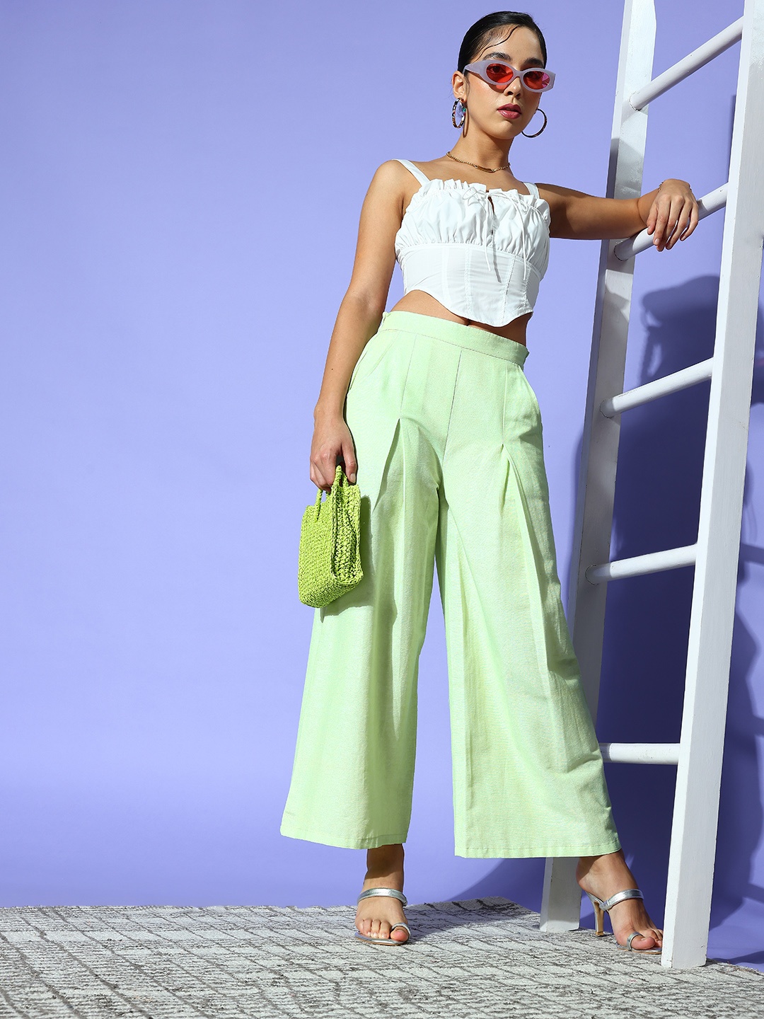 

PANIT Women Lime Green Solid Wide Leg Trousers