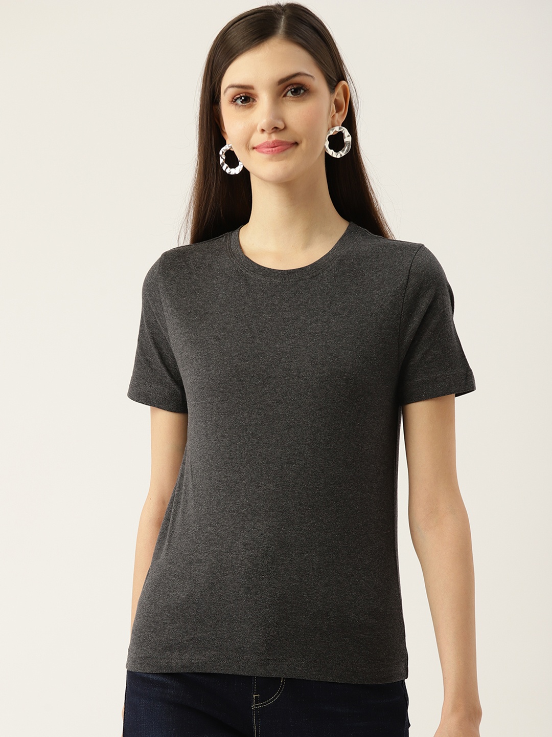 

Besiva Women Grey Melange Solid T-shirt