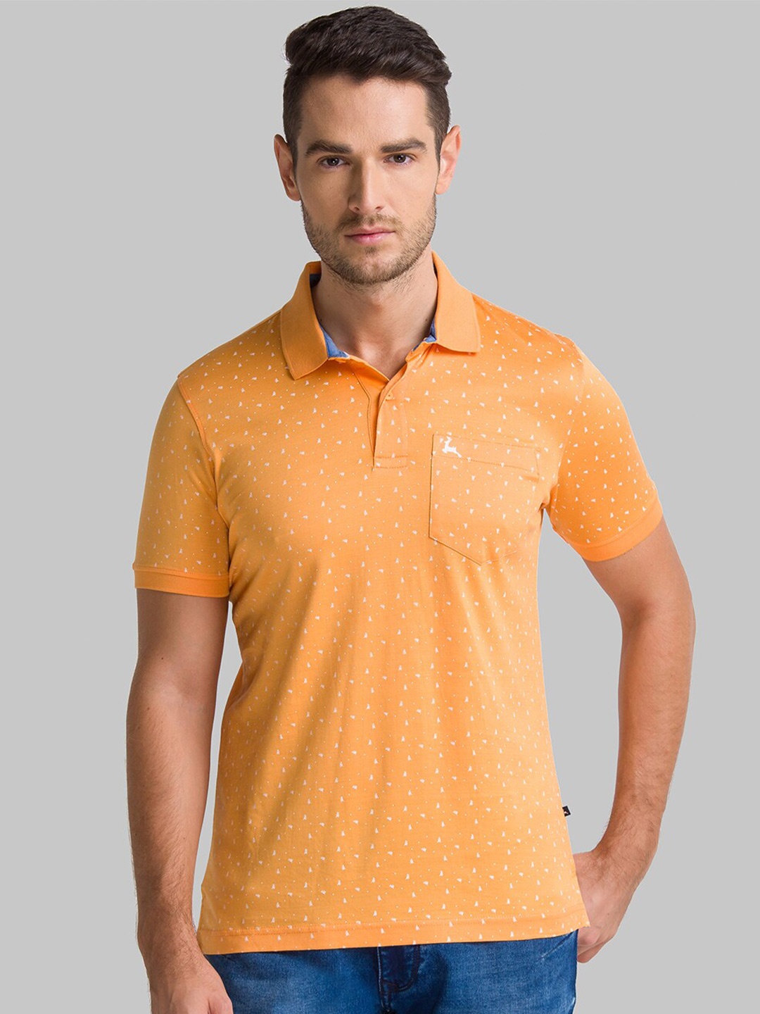 

Parx Men Orange Floral Printed Polo Collar T-shirt