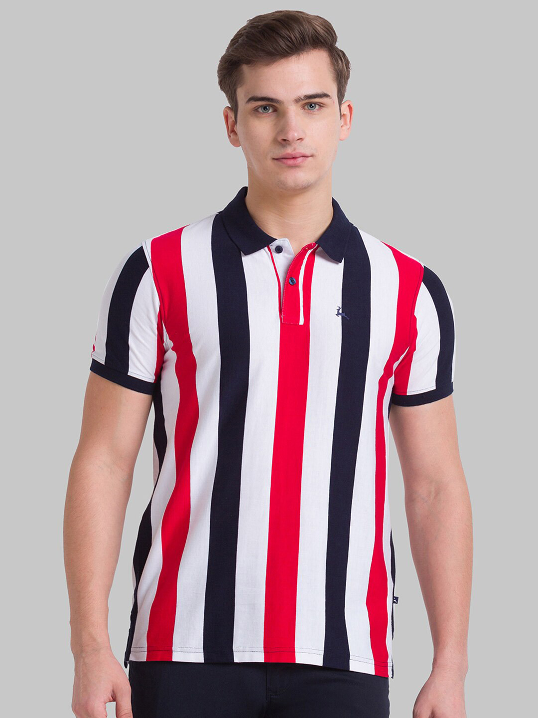 

Parx Men Blue & White Striped Polo Collar T-shirt
