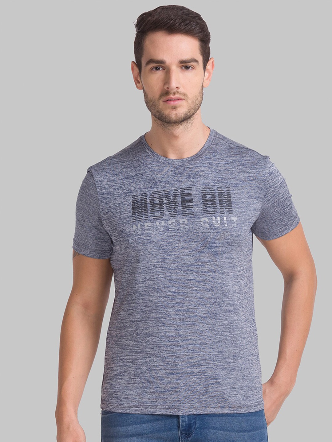 

Parx Men Grey & shark Typography Printed V-Neck Raw Edge T-shirt