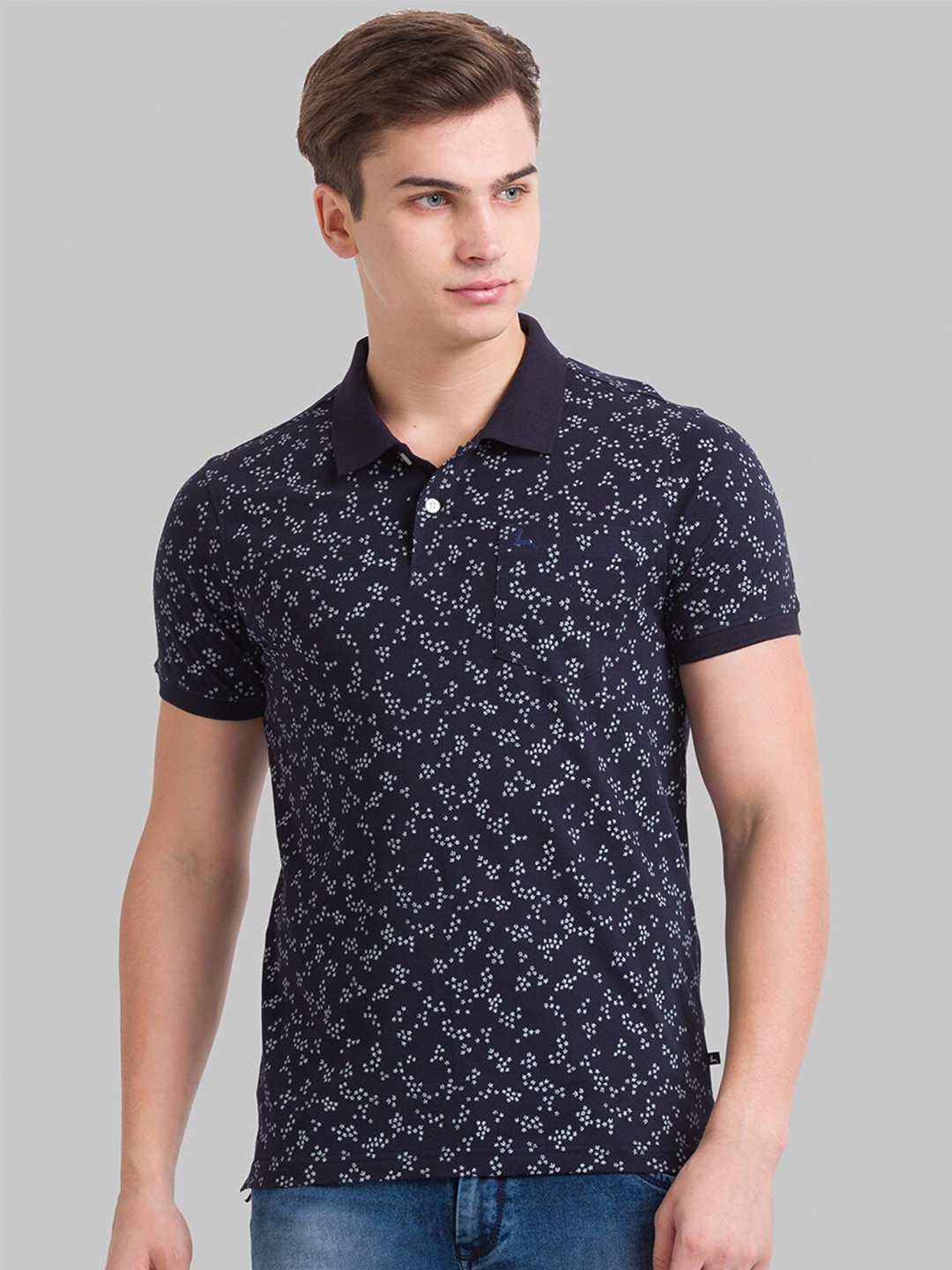 

Parx Men Navy Blue Floral Printed Polo Collar T-shirt