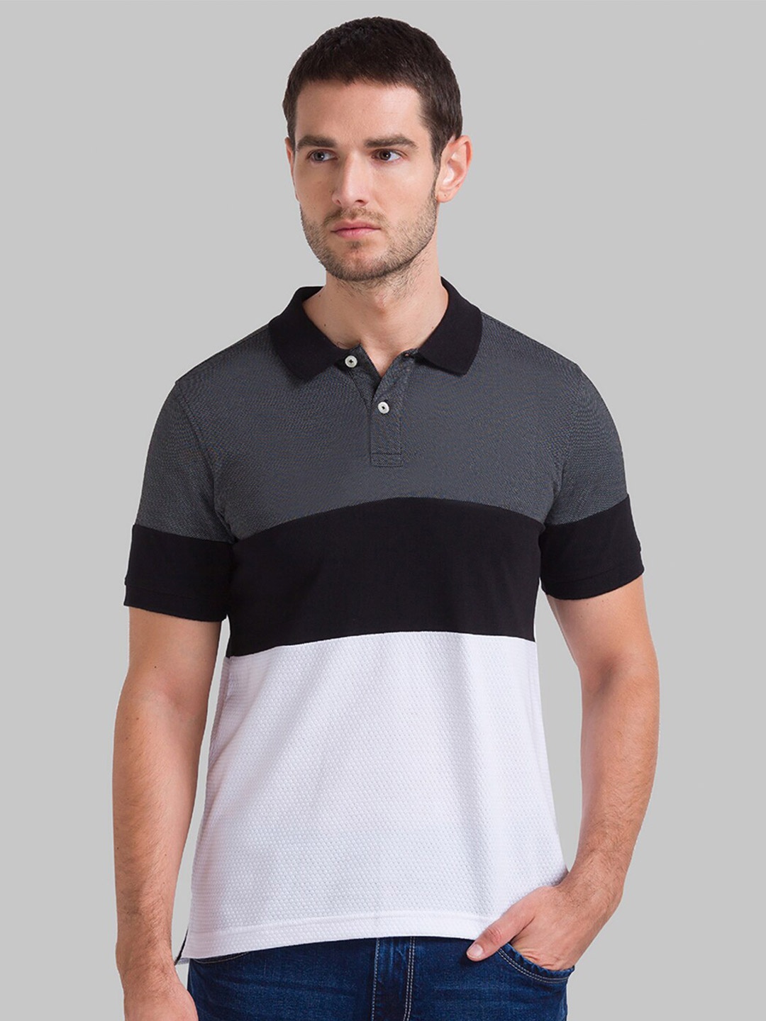 

Parx Men Black & bright gray Colourblocked Polo Collar T-shirt