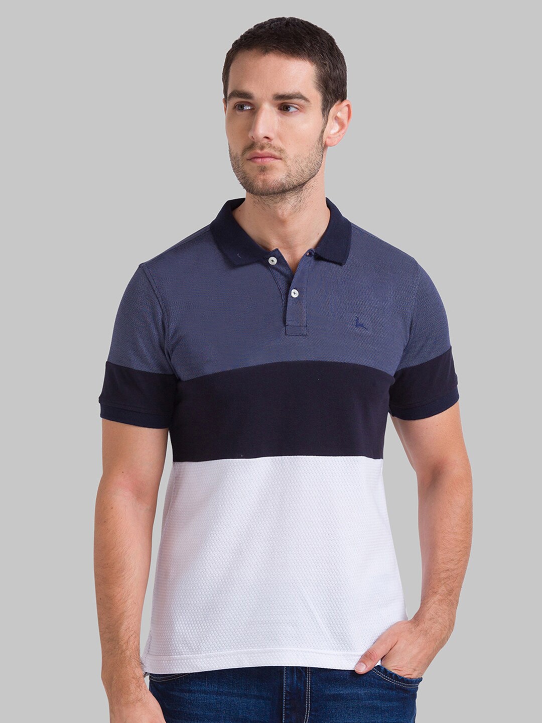

Parx Men Blue & White Brand Logo Colourblocked Polo Collar Pure Cotton T-shirt