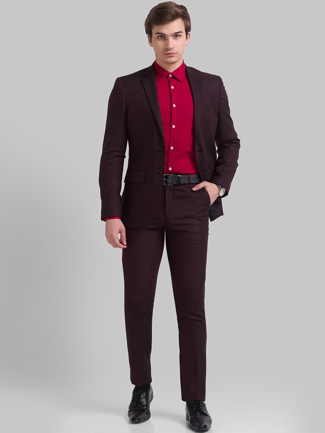 

Parx Men Maroon Solid Single-Breasted Two-Piece Pure Cotton Formal Suit