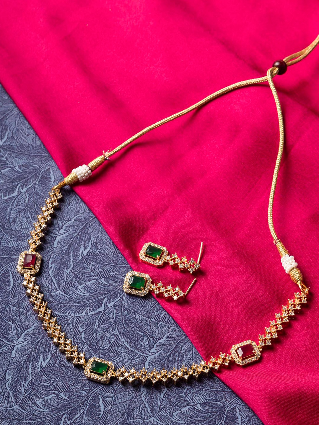 

StileAdda Gold-Plated & Red American Diamond Studded Necklace Set