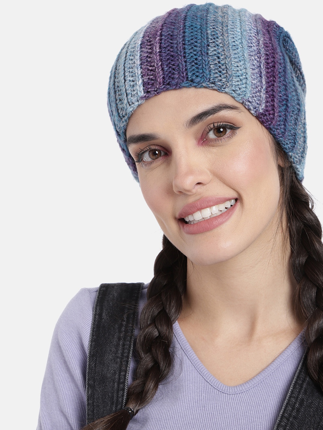 

Magic Needles Women Blue & Purple Self Striping Beanie