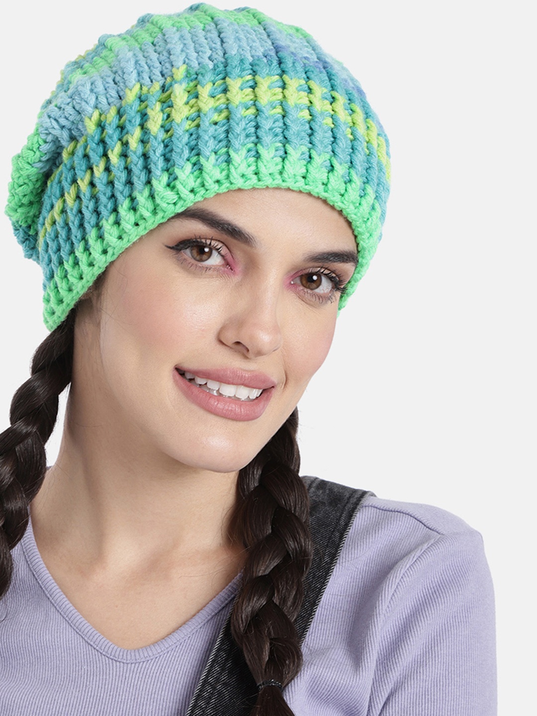

Magic Needles Women Green & Turquoise Blue Self Striping Slouch Beanie