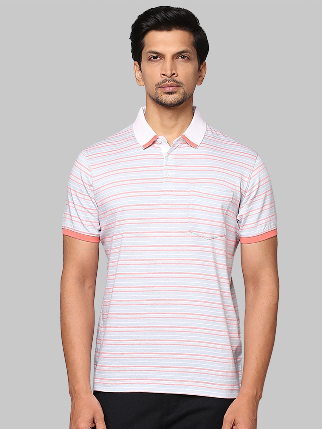 

Park Avenue Men Grey Striped Polo Collar Slim Fit T-shirt