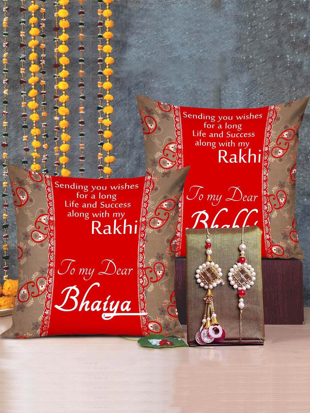 

TIED RIBBONS Set of 2 Embellished Rakhi With 2 Printed Cushions, Red